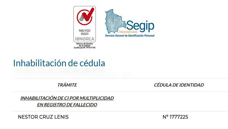 Inhabilitación de cédula de identidad