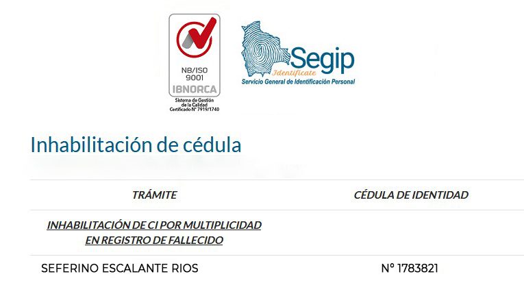 Inhabilitación de cédula de identidad