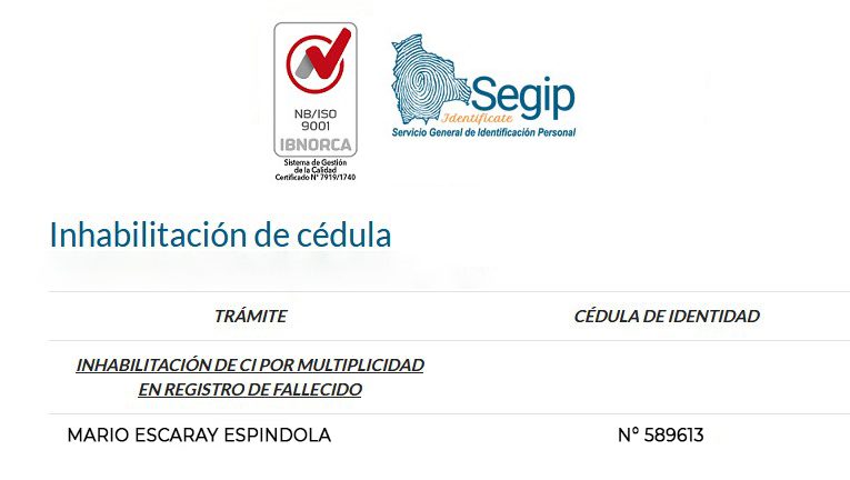 Inhabilitación de cédula de identidad