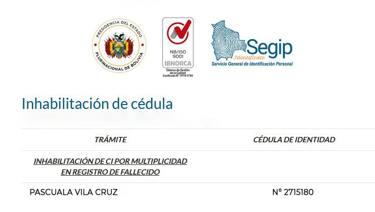 Inhabilitación de cédula de identidad