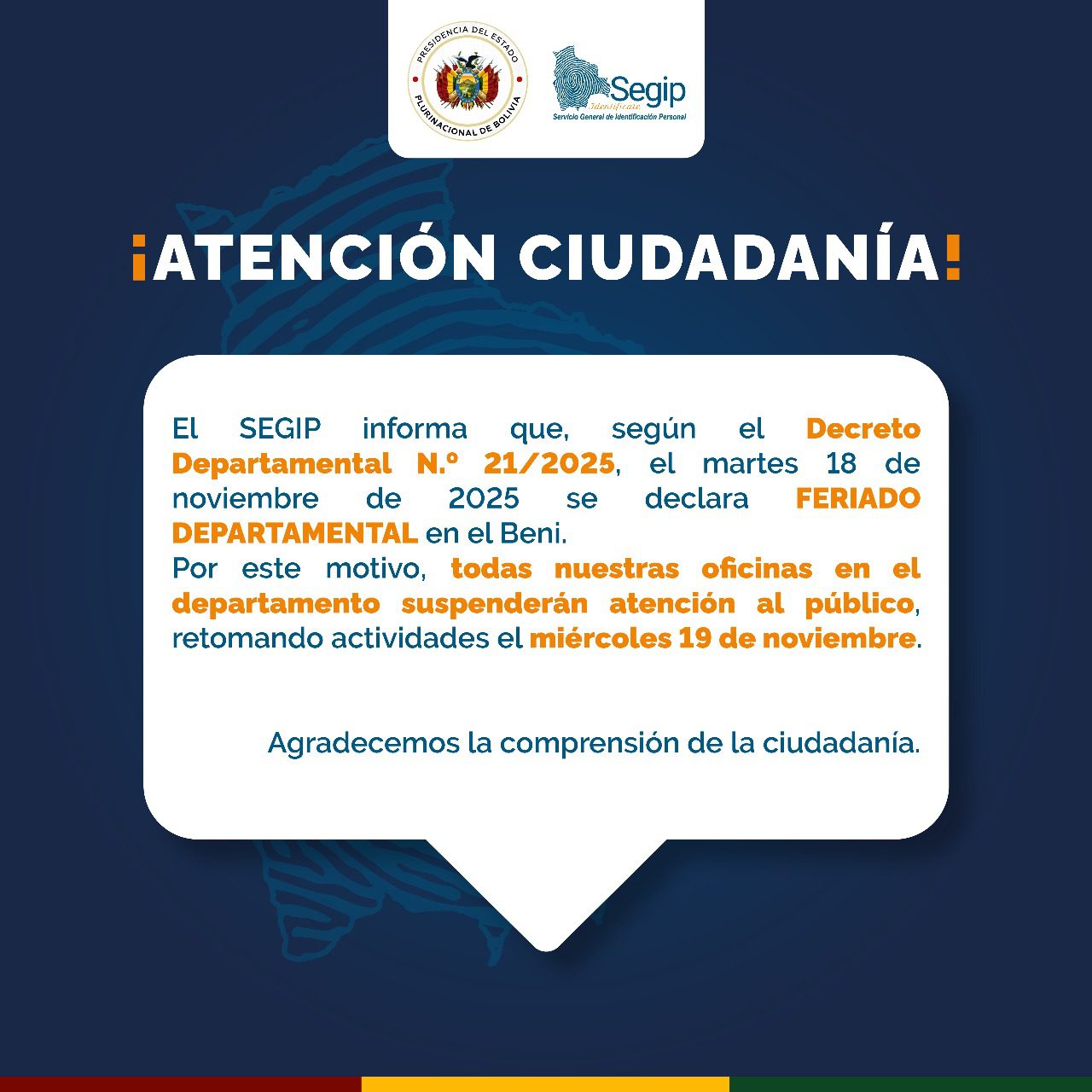 Comunicado Feriado Beni