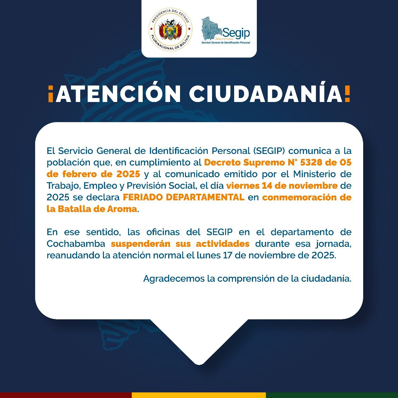 Comunicado Feriado Cochabamba