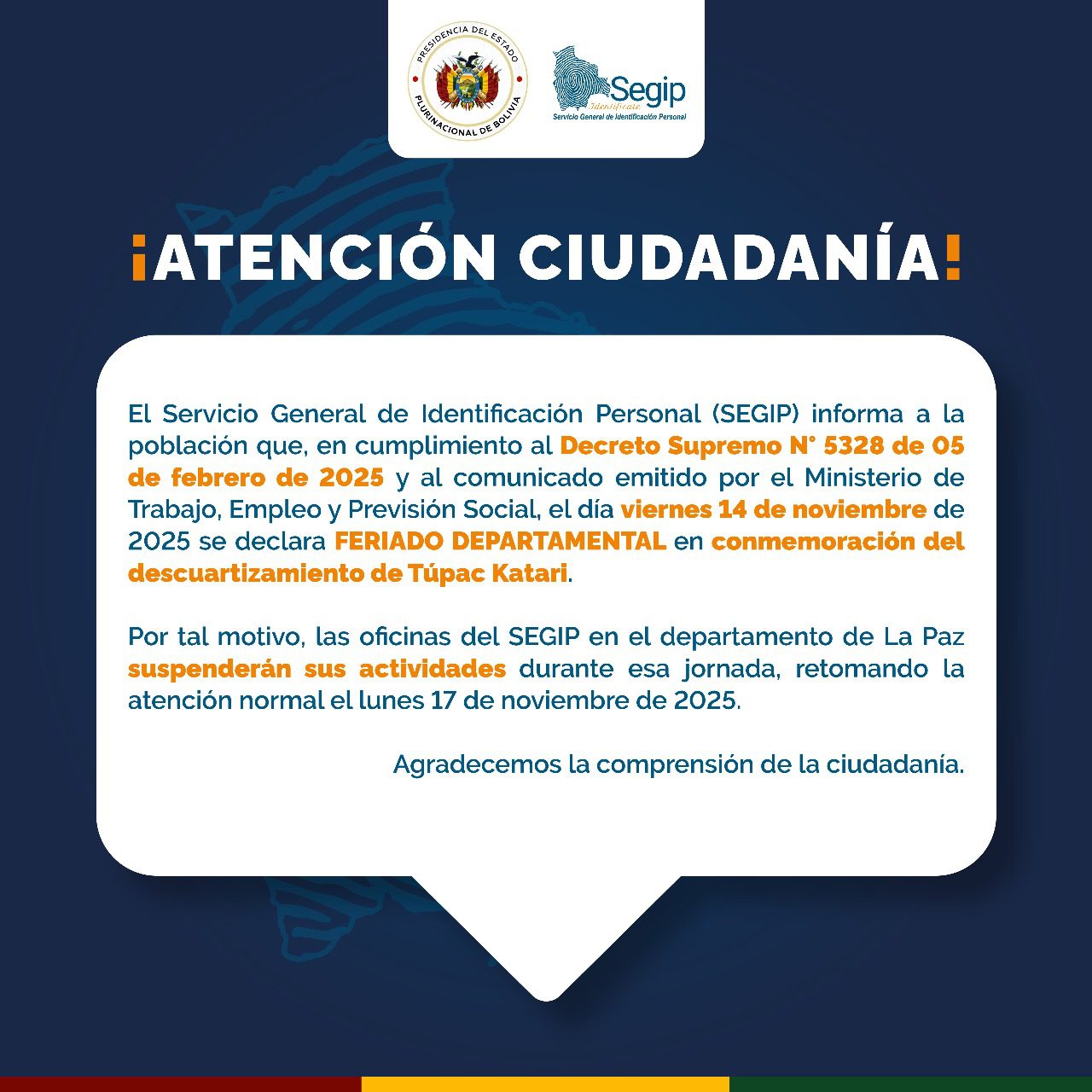 Comunicado Feriado La Paz