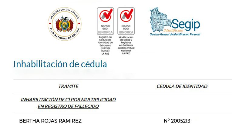Inhabilitación de cédula de identidad