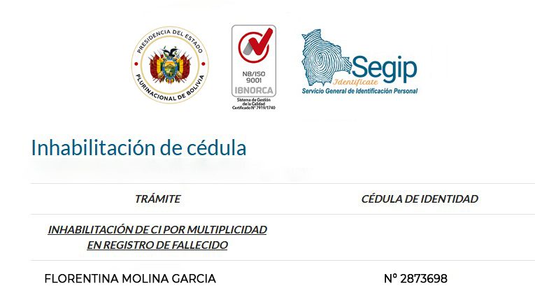 Inhabilitación de cédula de identidad