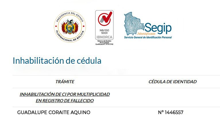 Inhabilitación de cédula de identidad