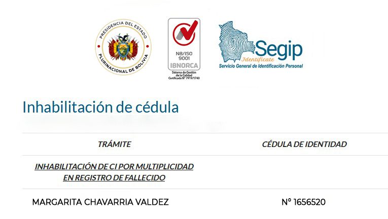 Inhabilitación de cédula de identidad