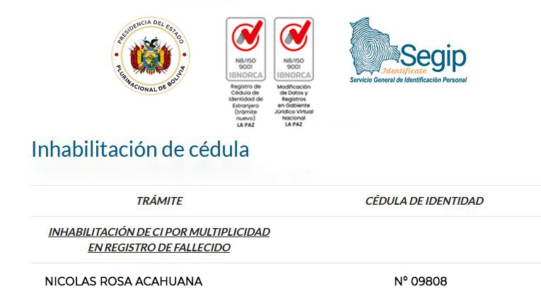Inhabilitación de cédula de identidad