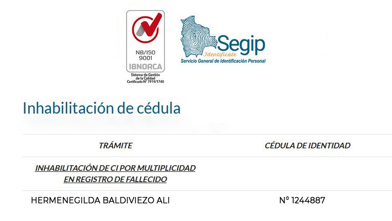 Inhabilitación de cédula de identidad