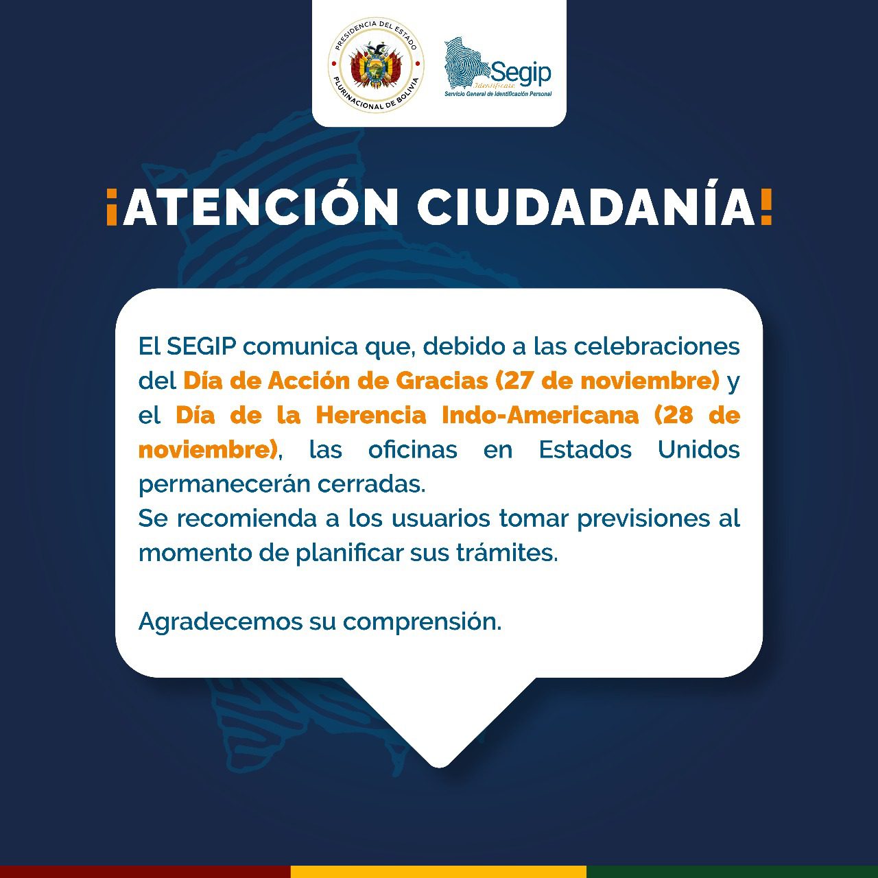 Comunicado por feriado en Estados Unidos